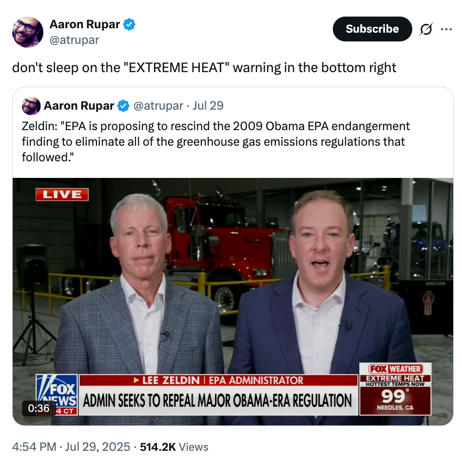 Fox News screenshot of two men discussing environmental regulations. Text mentions “EXTREME HEAT” warning