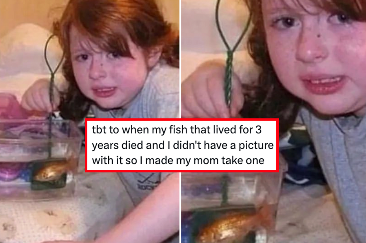 Child sadly poses next to a fish tank, with overlay text explaining it's a tribute photo for a pet fish that passed away after three years