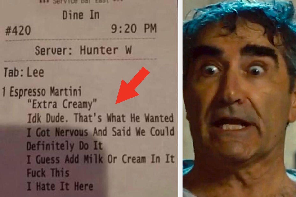 Receipt shows a humorous order note for an espresso martini. Man looks surprised or amused. Red arrow points to note