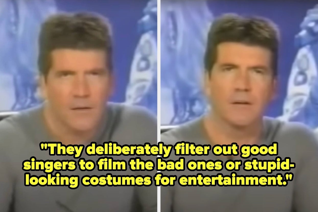 Simon Cowell in disbelief. text: "They deliberately filter out good singers to film the bad ones or stupid-looking costumes for entertainment"