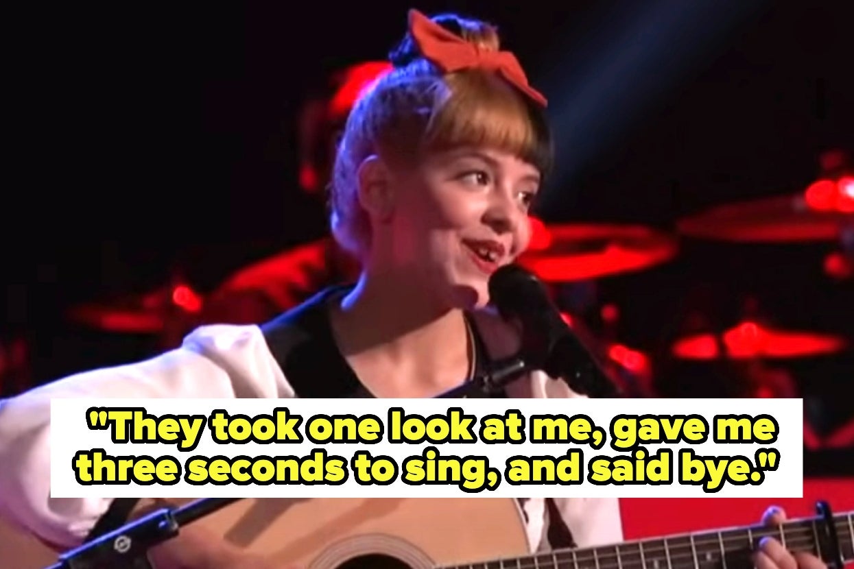 Melanie Martinez auditioning for The Voice. text: "They took one look at me, gave me three seconds to sing, and said bye"