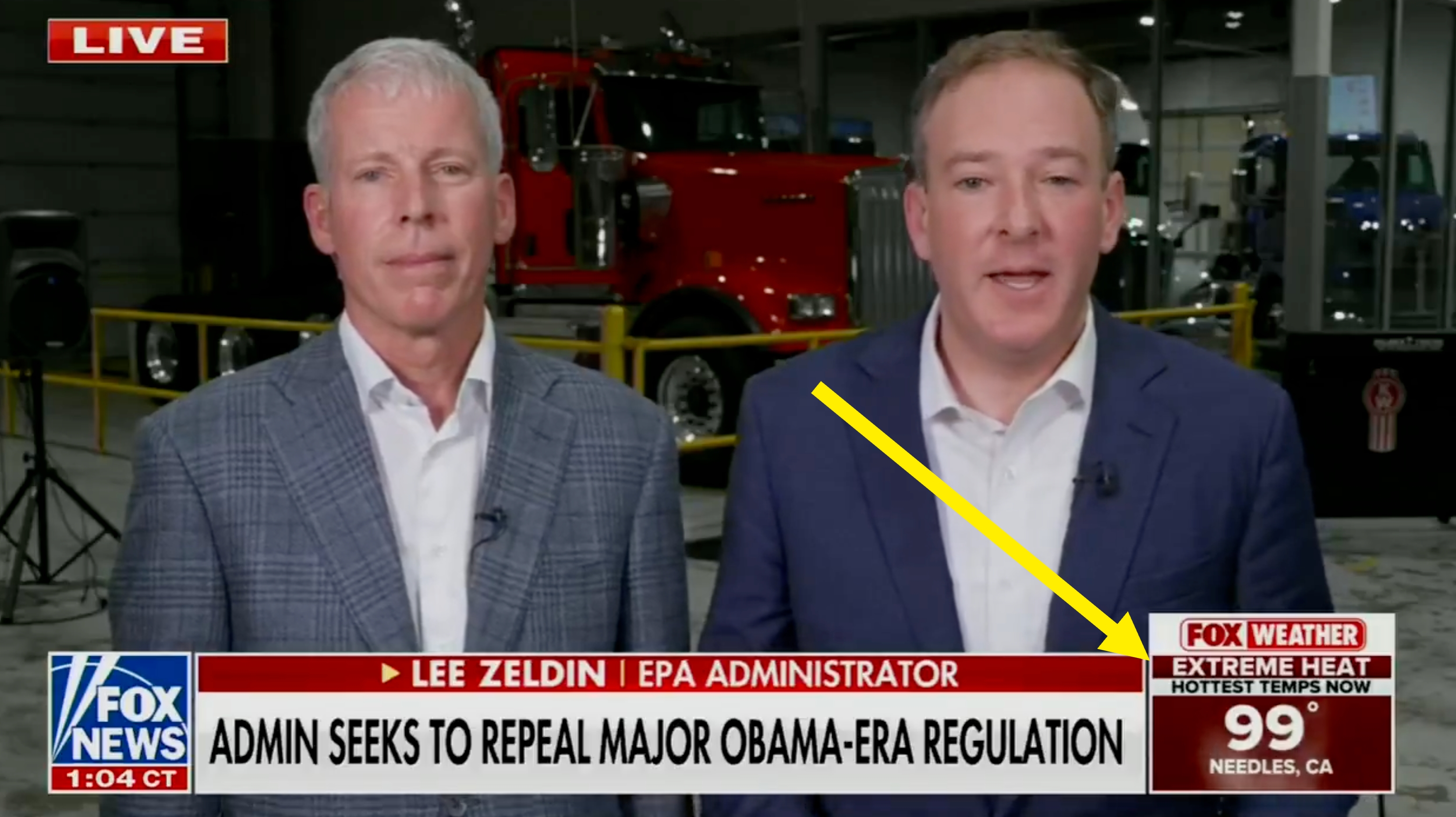 Two men in suits speak on a news broadcast. Lower third reads: &quot;Admin seeks to repeal major Obama-era regulation.&quot;