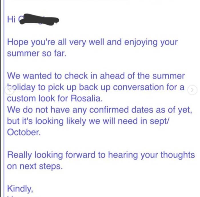 Email discussing plans for a custom look for Rosalia, likely needed in September or October, and requesting thoughts on next steps