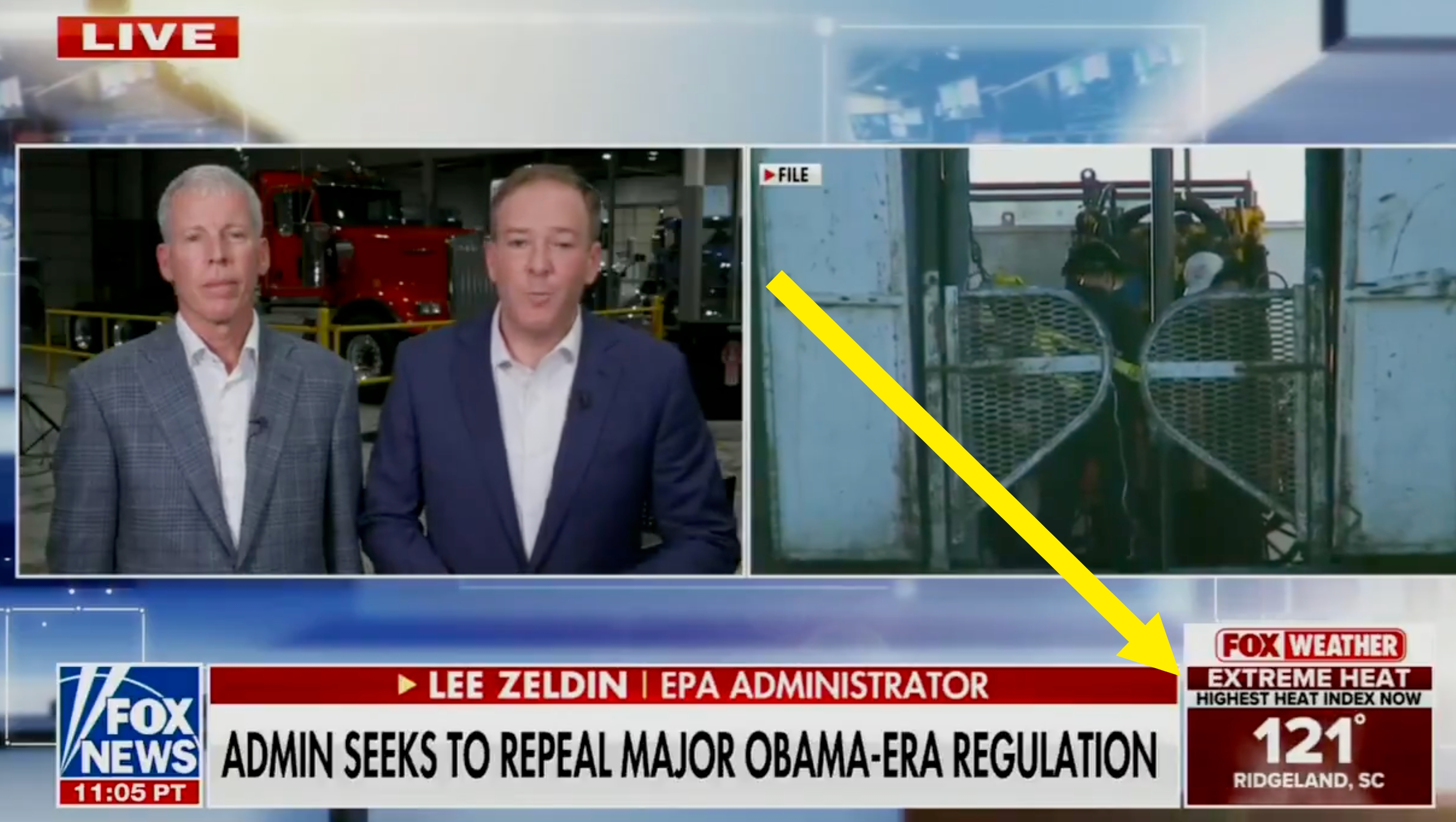 News broadcast with two men in suits discussing EPA regulation repeal; live weather alert displays high temperature in Ridgeland, SC