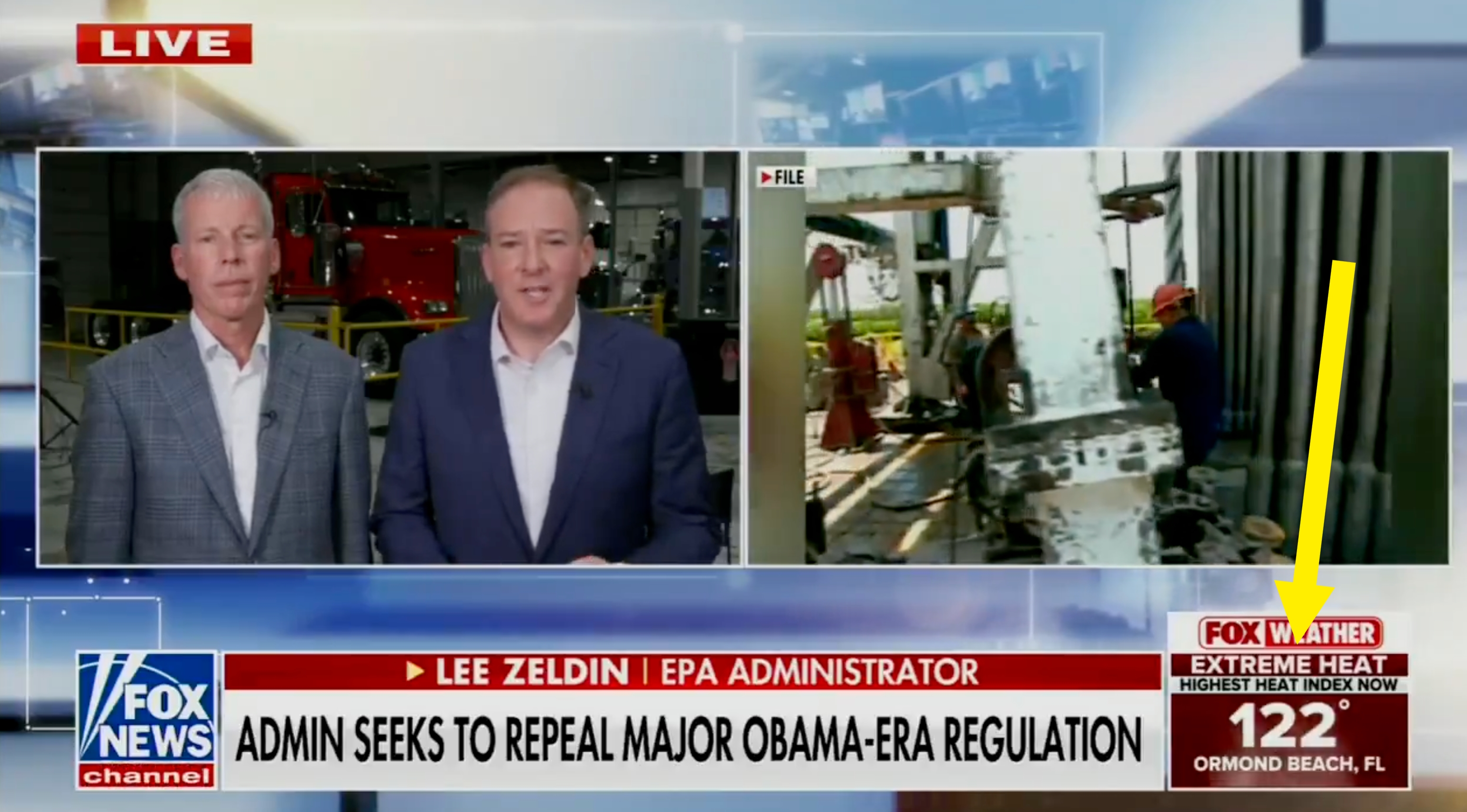 Two men are speaking on a news channel about efforts to repeal an Obama-era regulation. Screen shows a 122-degree temperature alert for Ormond Beach, FL