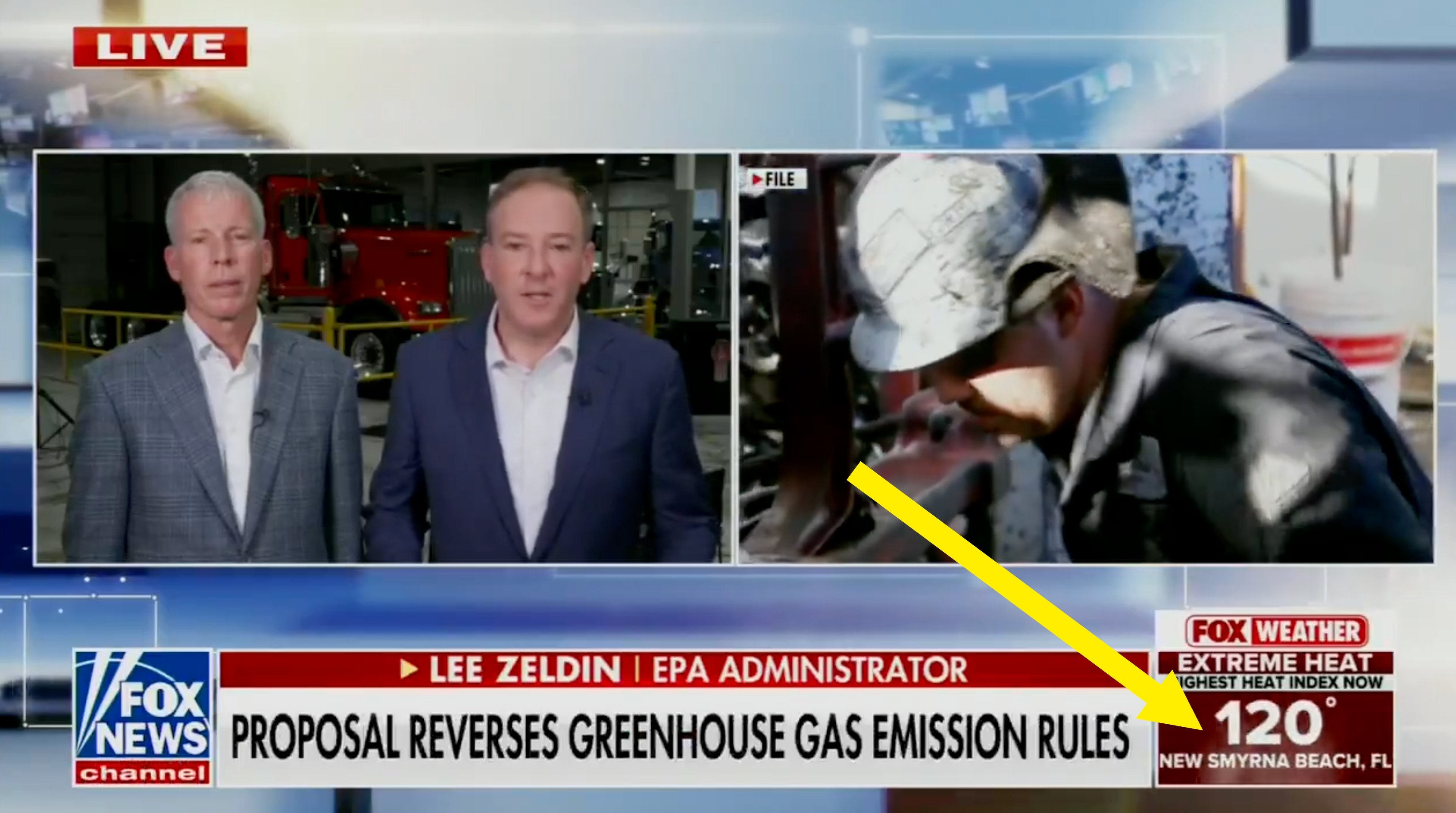 Two men discuss EPA proposal on greenhouse gas rules; adjacent image shows a worker with machinery; text notes extreme heat warning in New Smyrna Beach