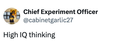 Profile image and tweet from "Chief Experiment Officer," @cabinetgarlic27, saying "High IQ thinking."