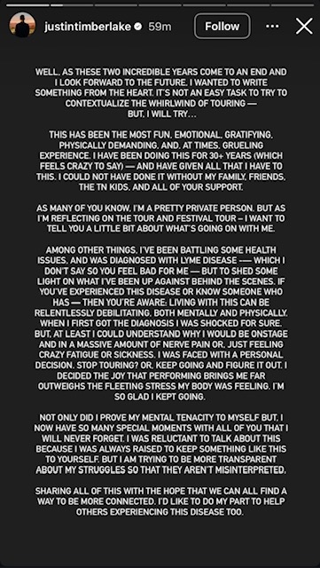 Justin Timberlake reflects on ending a tour, shares gratitude for fans, family, and friends, and expresses excitement for future creative projects
