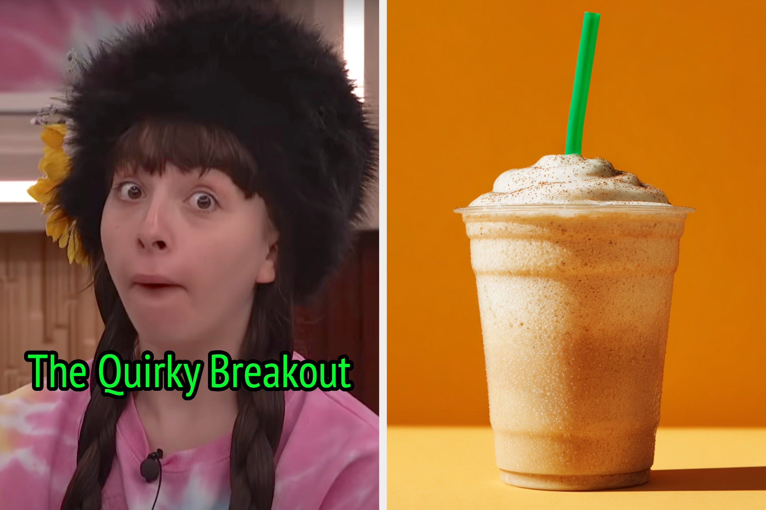 On the left, Ava from Big Brother 27 making a funny face while wearing a tie-dye shirt and a fluffy hat with a decorative flower on the side labeled the Quirky Breakout, and on the right, a blended beverage with a straw