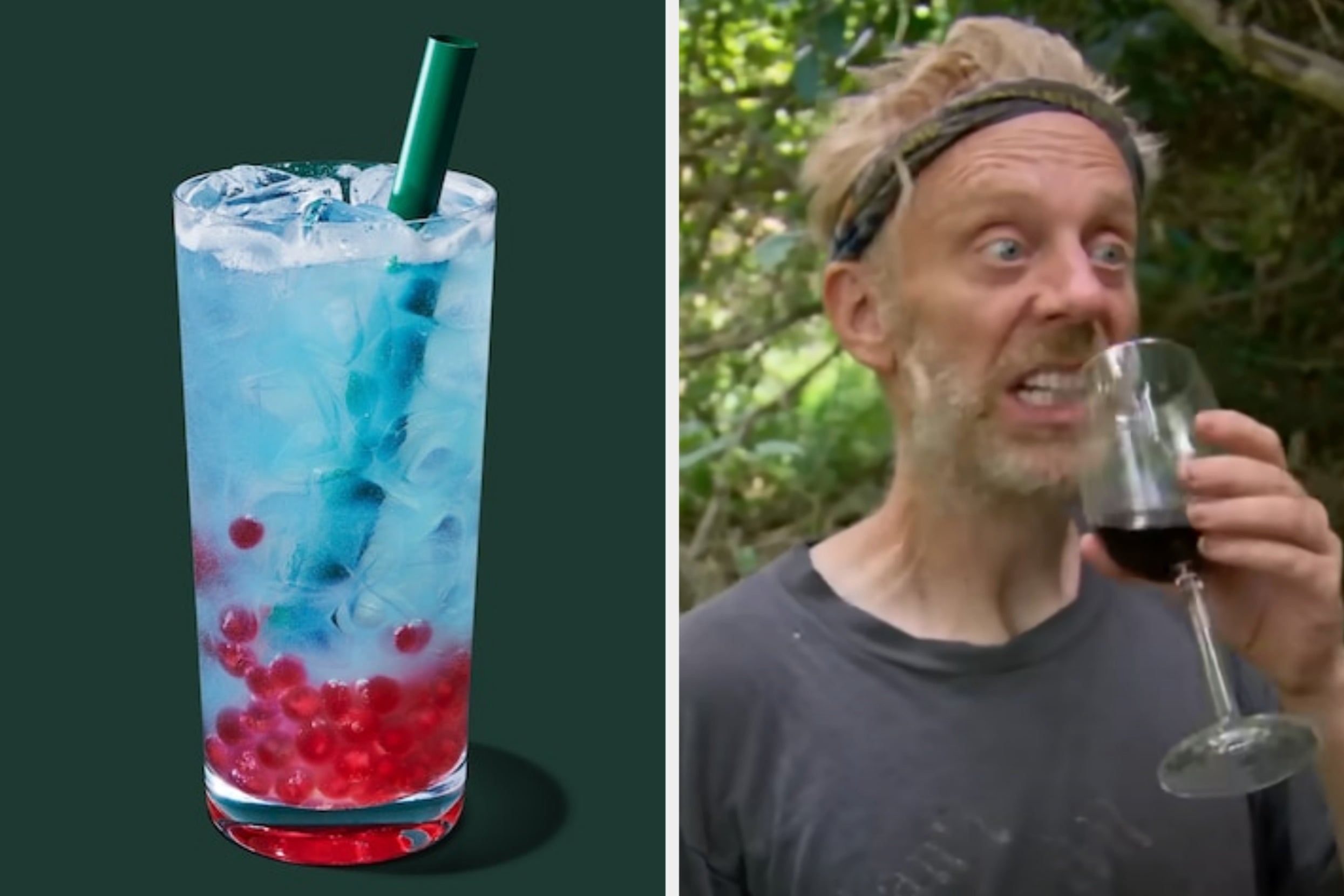 On the left, a Starbucks Refresher with boba, and on the right, Mike White holding a glass of wine and grimacing on Survivor