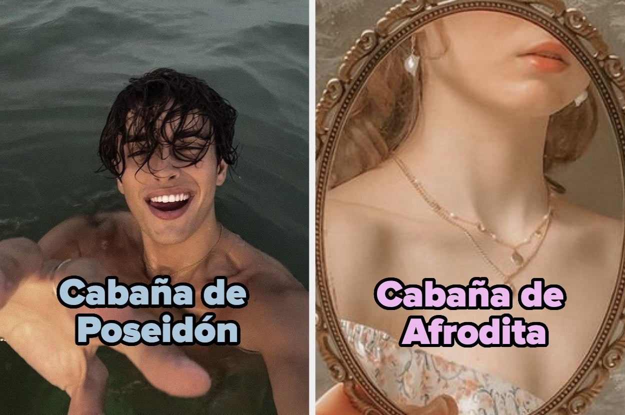 Persona en agua sonriente y otra con espejo mostrando un reflejo estilizado. Texto: "Cabaña de Poseidón" y "Cabaña de Afrodita"