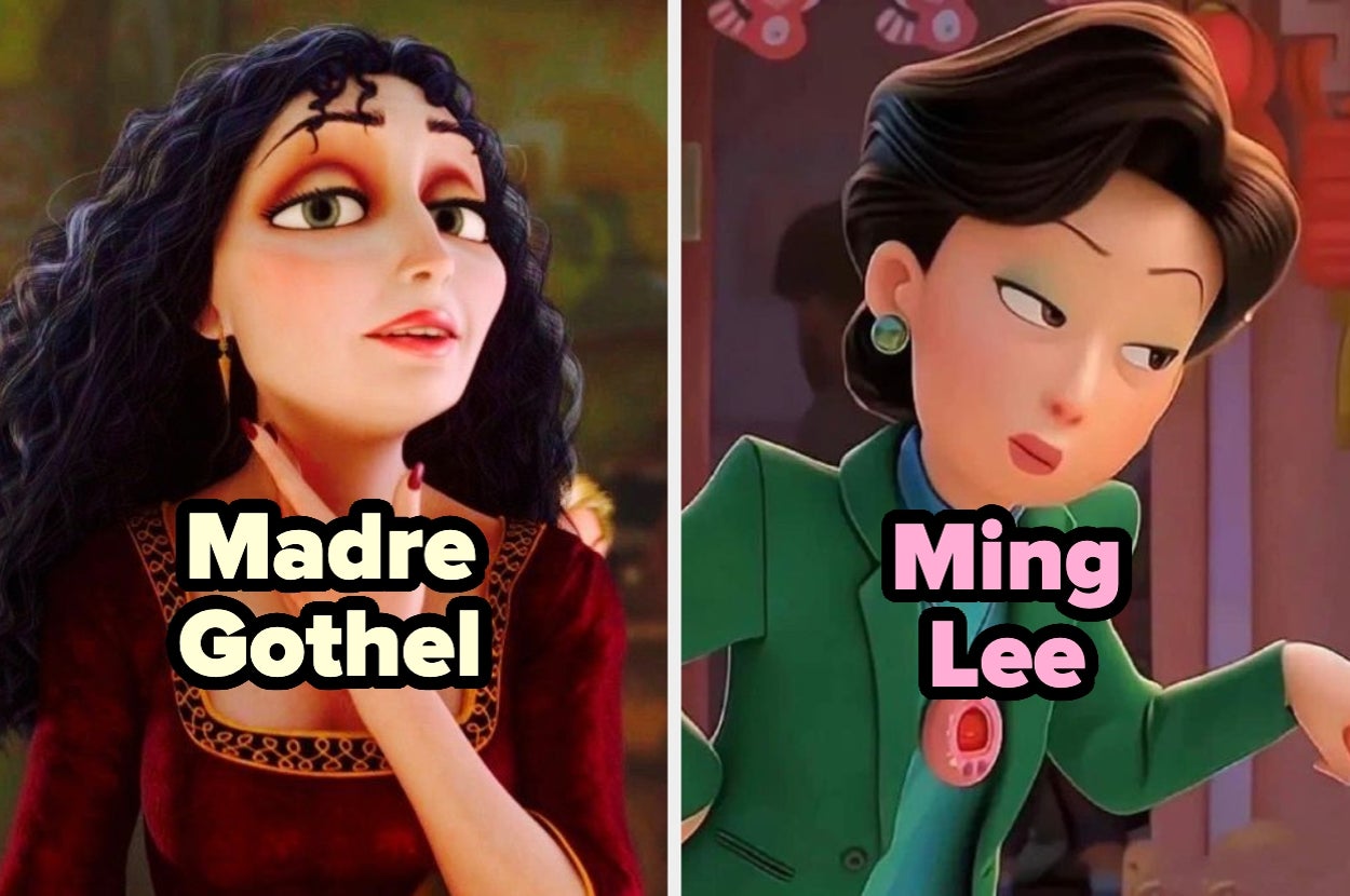 Madre Gothel y Ming Lee, personajes animados de Disney, en una pose característica cada una