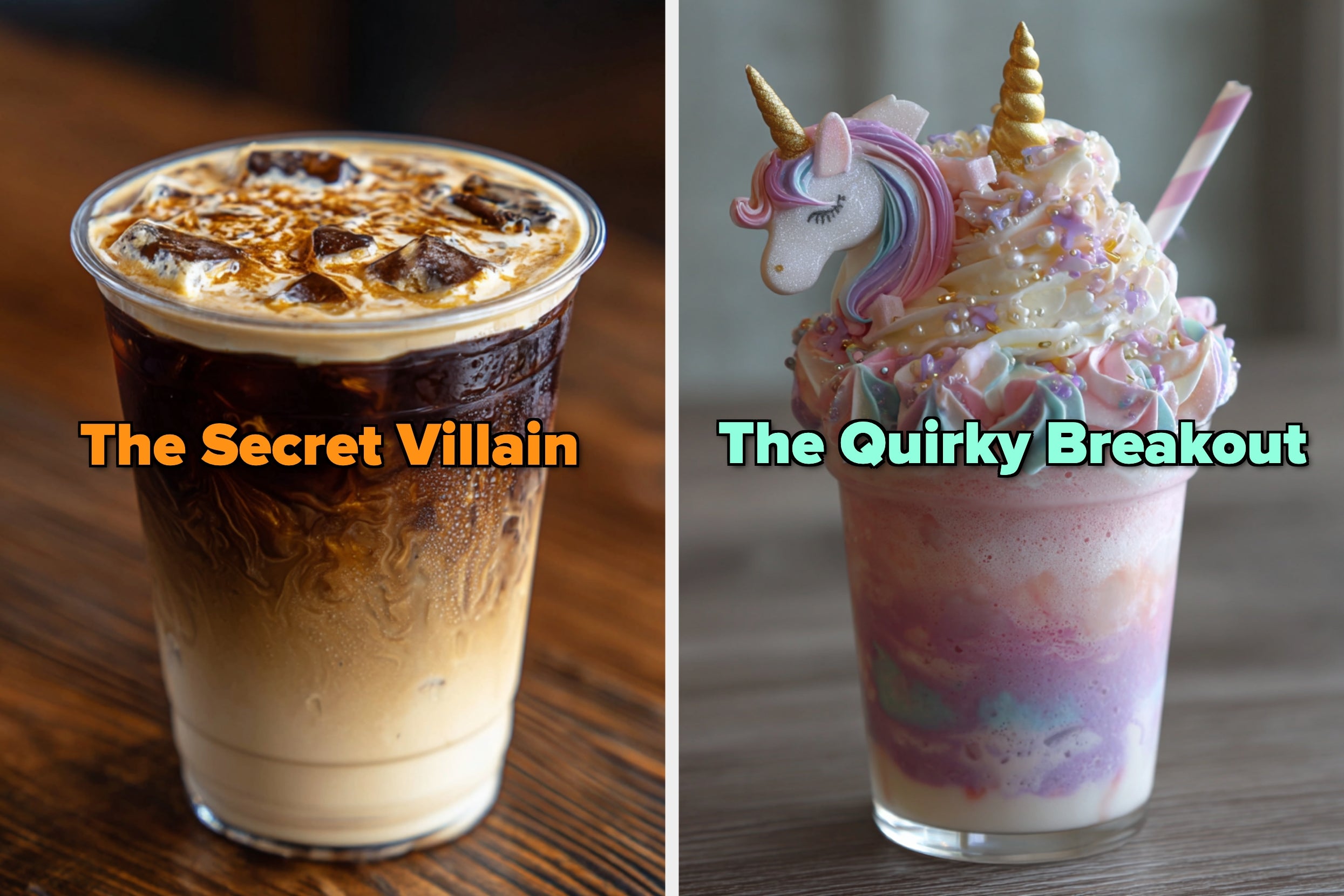On the left, an iced coffee labeled The Secret Villain, and on the right, a pastel Frappuccino-style drink with whipped cream, a fun straw, and a unicorn face labeled The Quirky Breakout
