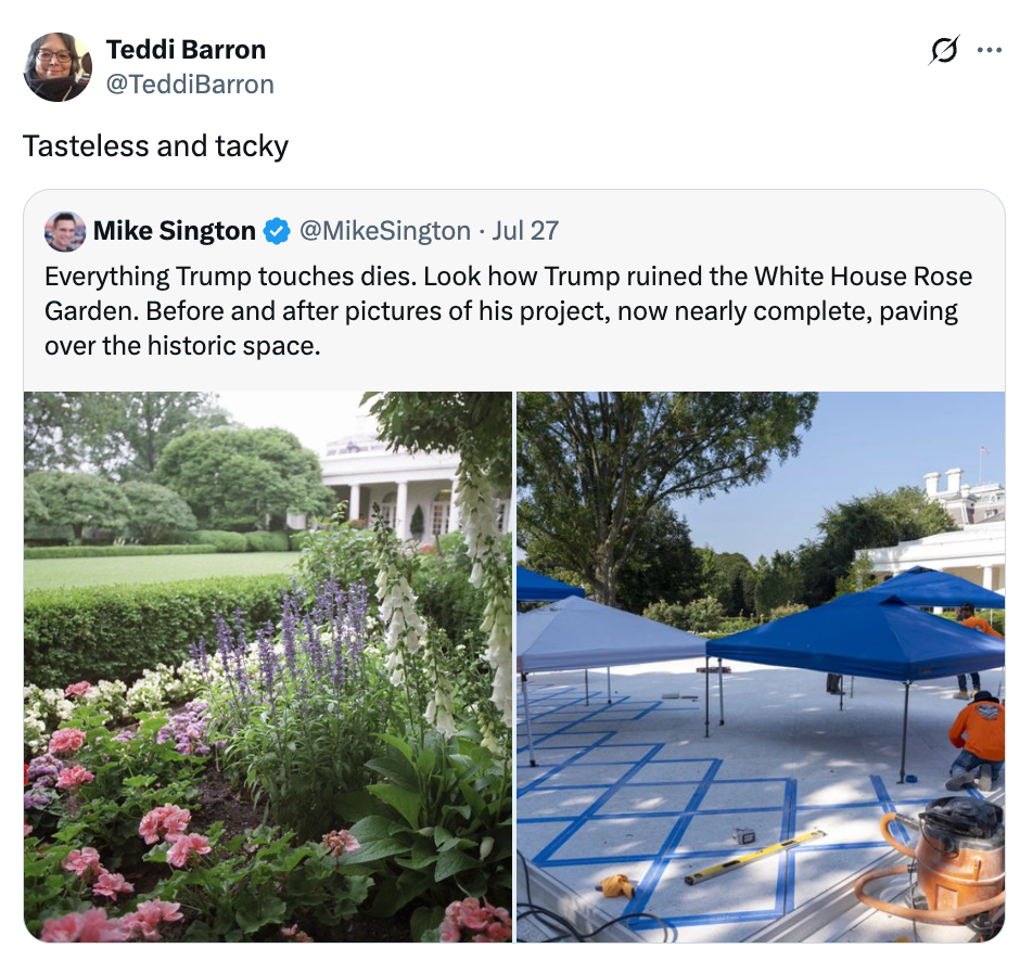 Tweet criticizing changes to White House Rose Garden, showing images before and after renovation with a critical comment on Trump&#x27;s impact
