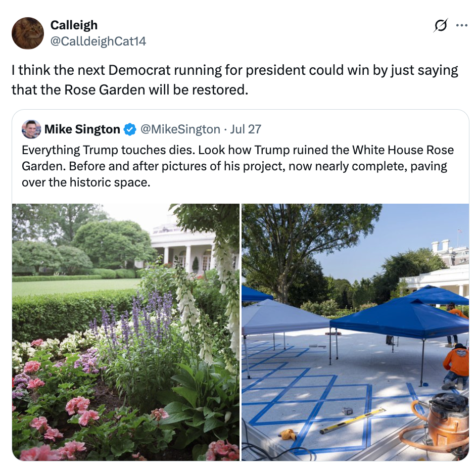 Tweet with text about the White House Rose Garden restoration, including before and after photos showing changes made during Trump&#x27;s administration