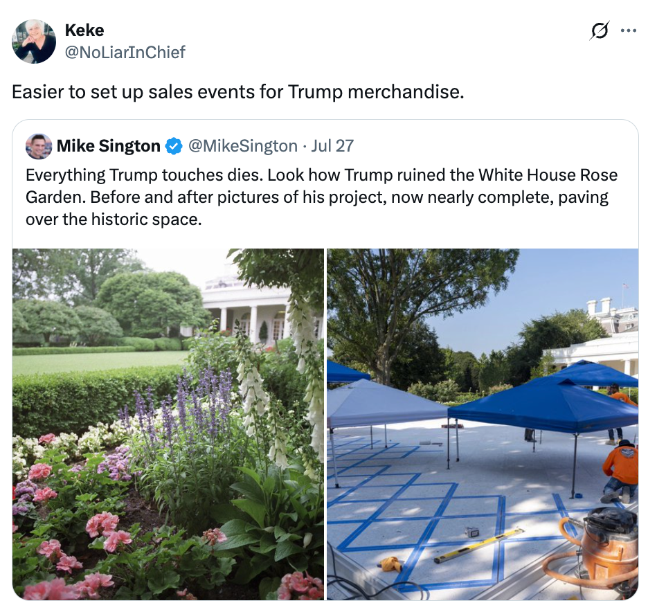 Tweet comparing the White House Rose Garden before and after changes, showing flowers and a stark construction area
