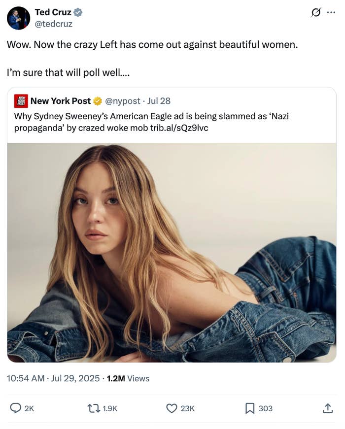 Tweet by Ted Cruz expressing sarcasm about the controversy over Sydney Sweeney's American Eagle ad being criticized in an article by New York Post