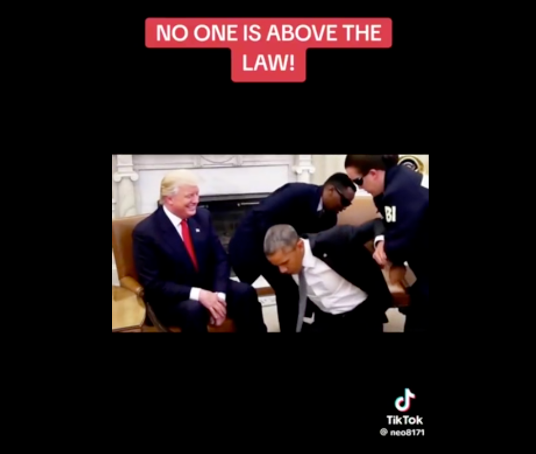 A doctored image shows a former official being arrested, with a caption reading &quot;No one is above the law!&quot;