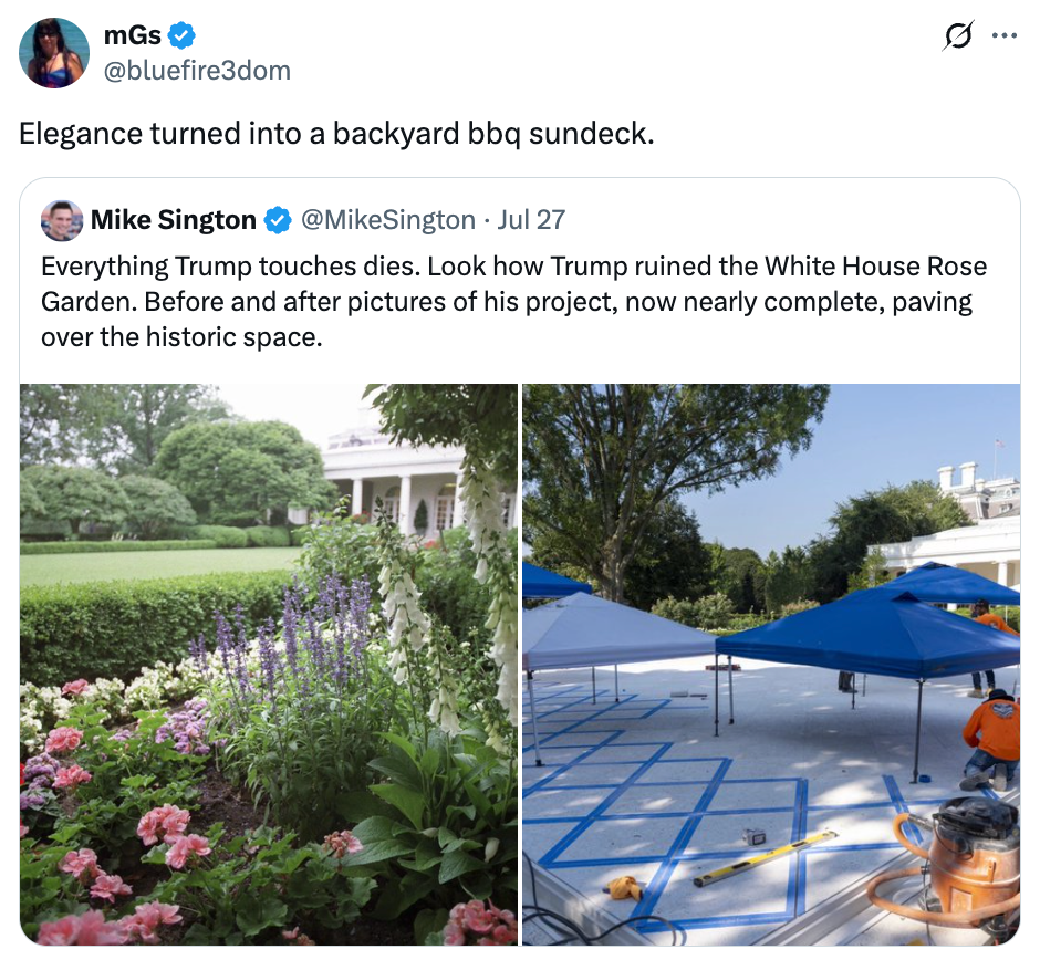 Tweet showing before/after photos of the White House Rose Garden renovation. Before: lush garden. After: construction site with paving and tents