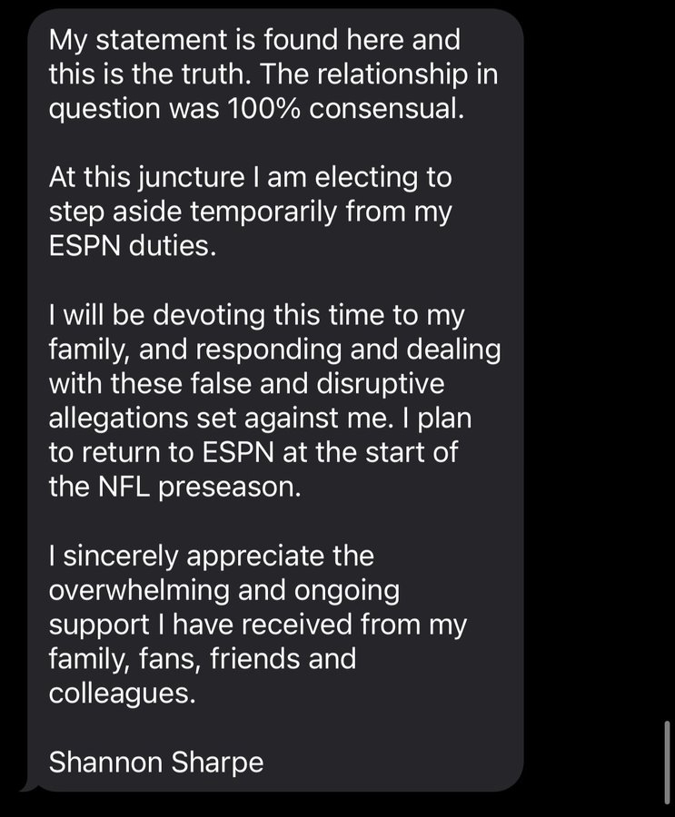 Shannon Sharpe announces a temporary step back from ESPN to address allegations, plans to return for NFL preseason. Expresses gratitude for support