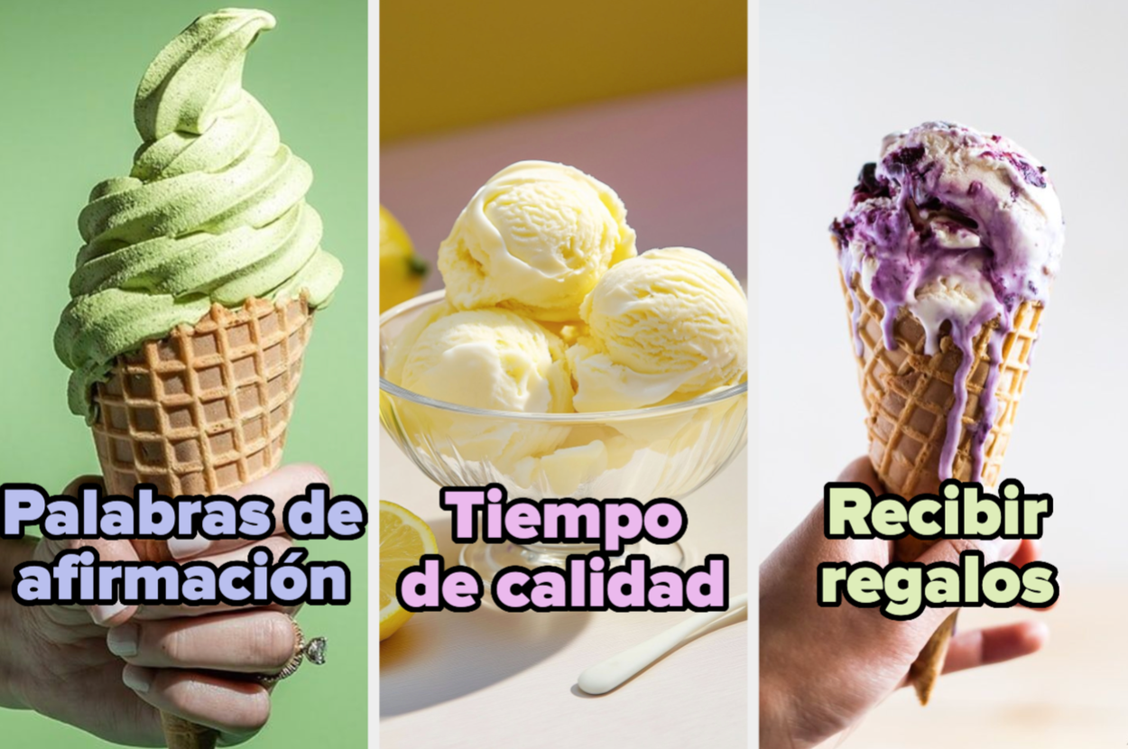 Tres conos/recipientes de helado etiquetados: Palabras de afirmación, Tiempo de calidad, Recibir regalos