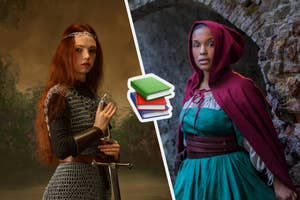 Two women in medieval attire stand side by side, one in chainmail and the other in a red hooded cloak, with books in the center