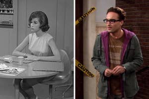 Split image: Left, a woman in 1960s style sits at a table; right, a man in casual hoodie and glasses stands near caution tape
