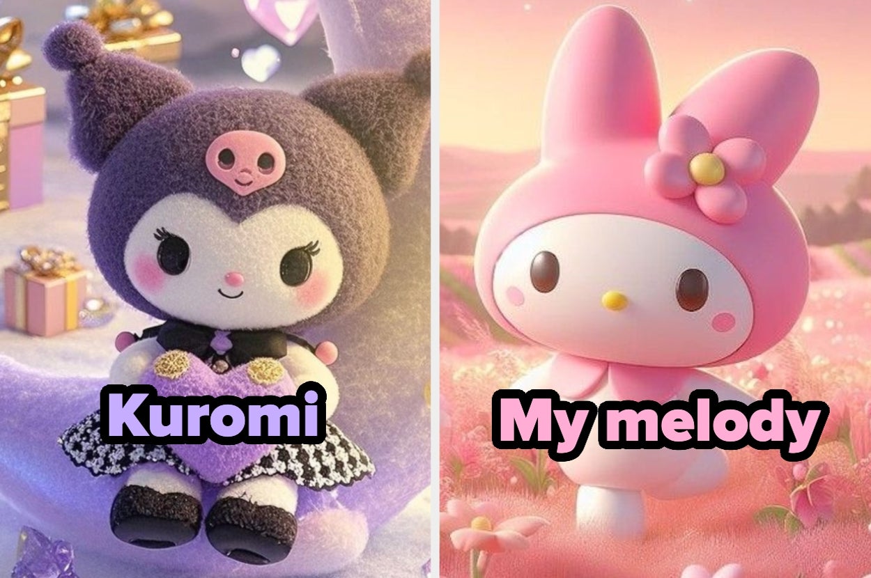 Muñecos adorables de Sanrio: a la izquierda, Kuromi con un gorro; a la derecha, My Melody con orejas de conejito. Fondo de cuento de hadas