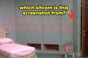 Bedroom with twin beds and a wall of hidden doors. Text asks about the sitcom this screenshot is from
