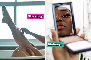 Split image: Left shows a leg being shaved in a bathtub. Right shows a woman applying makeup with a compact mirror. Labels read "Shaving" and "Makeup."