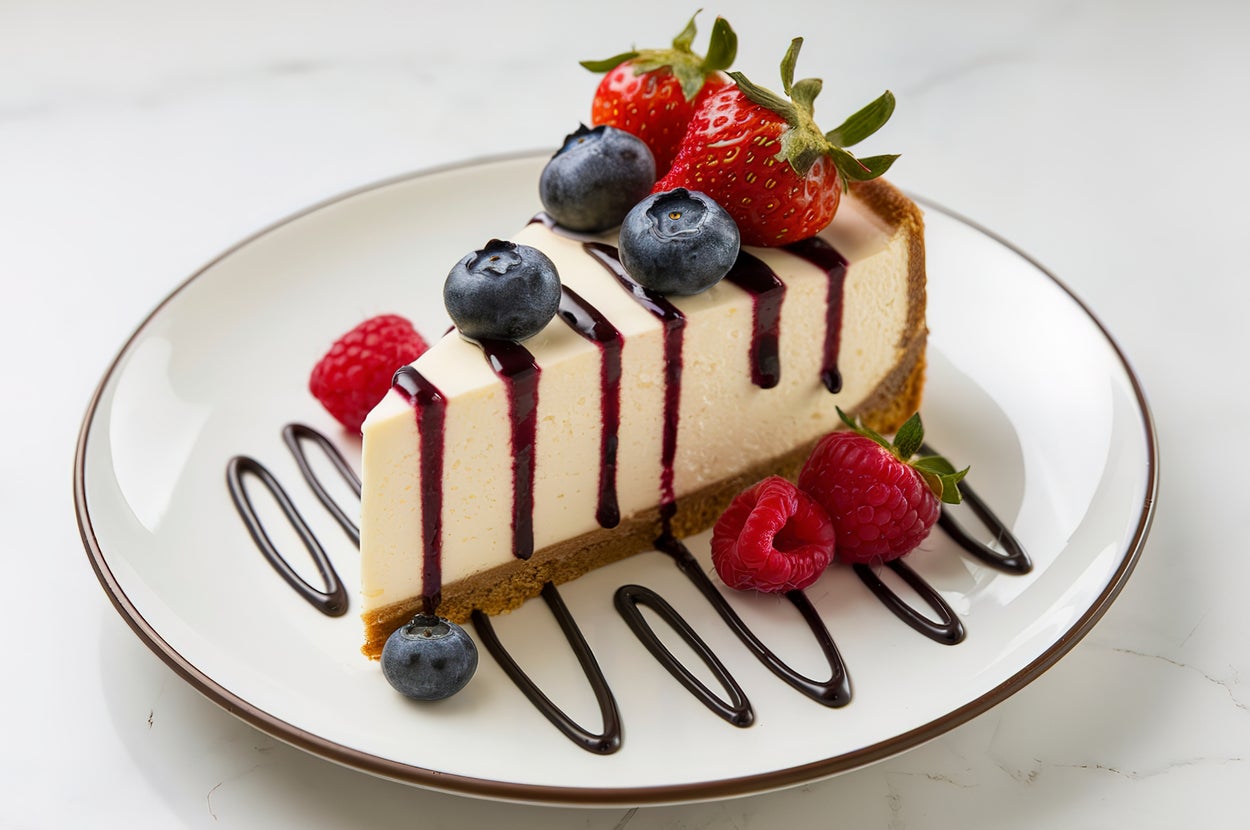 Slice of cheesecake with strawberries, blueberries, and raspberries on top, drizzled with chocolate sauce, served on a plate
