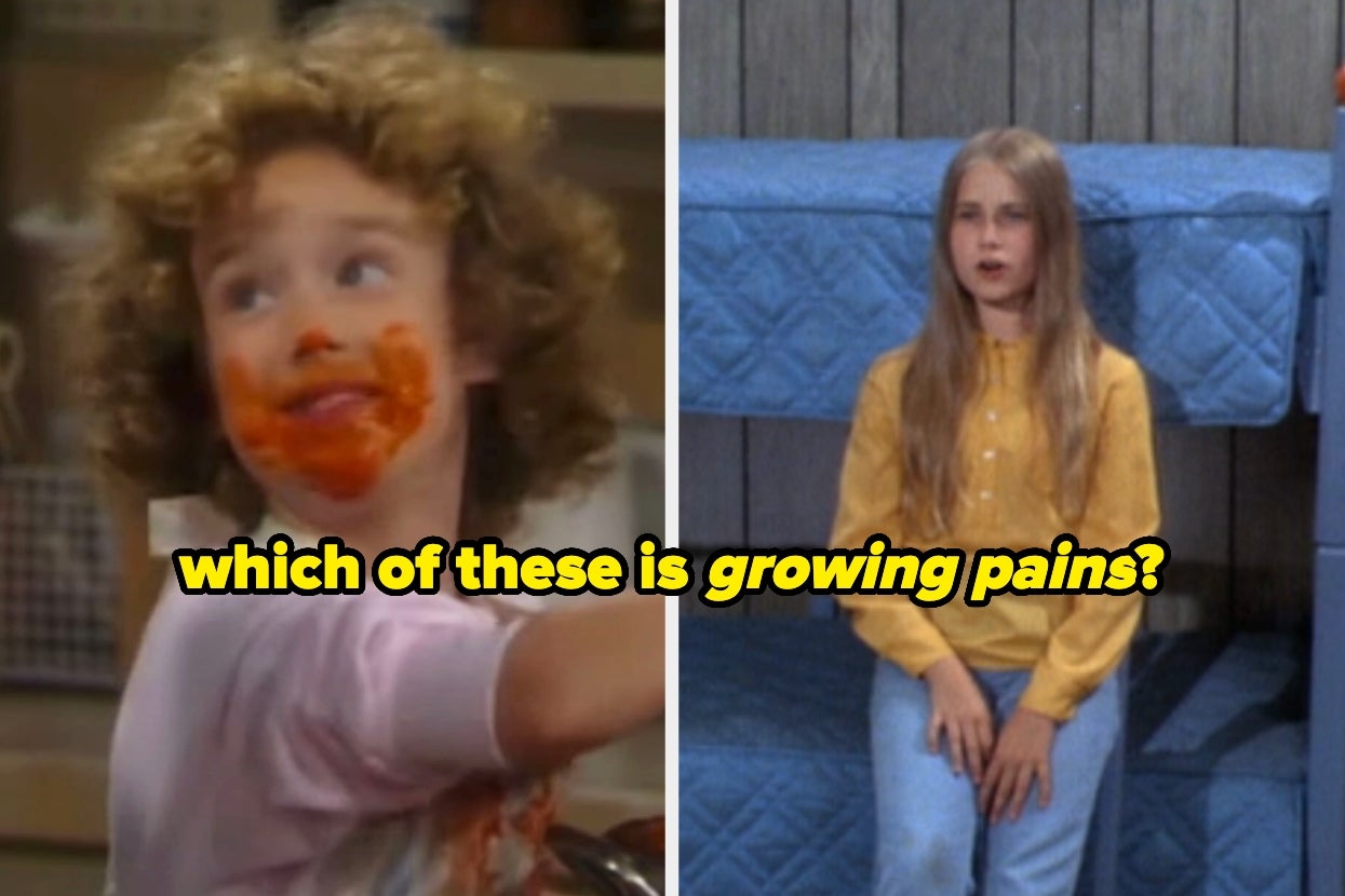 Child with food on face and another child standing with long hair. Text asks which scene is from "Growing Pains?"