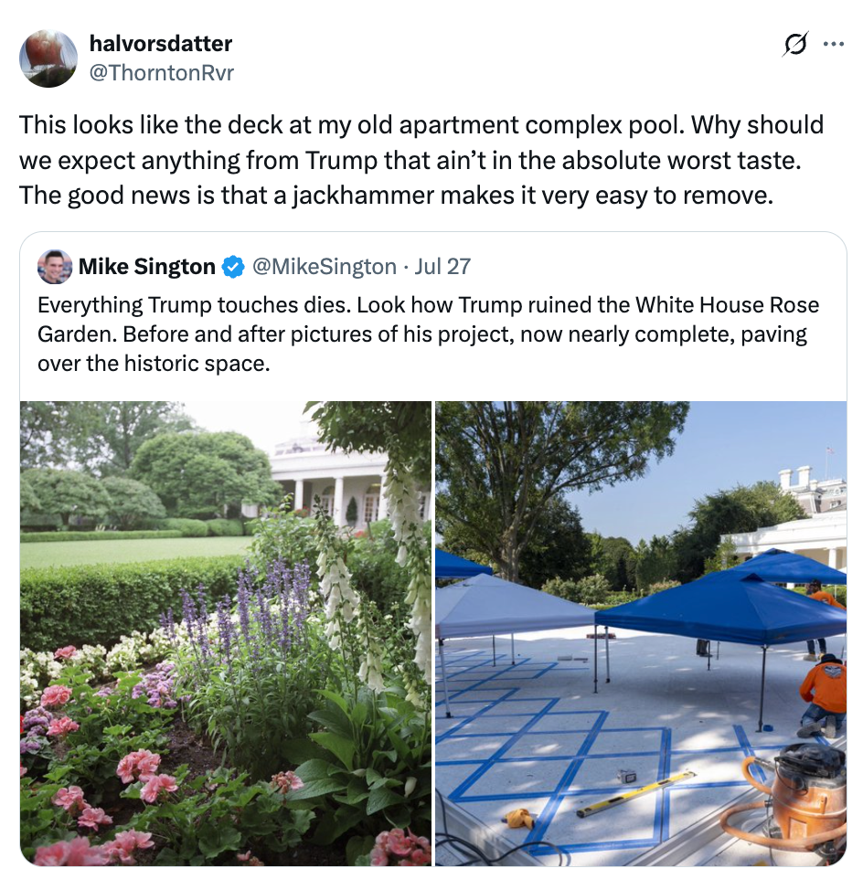 Tweet showing critique of pool deck design and a retweeted post about changes to the White House Rose Garden after Trump&#x27;s renovations