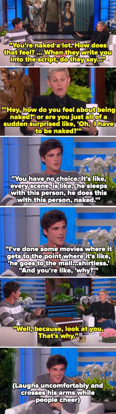 A person humorously discusses being frequently asked to undress in films while on a talk show, eliciting laughter from the host and audience