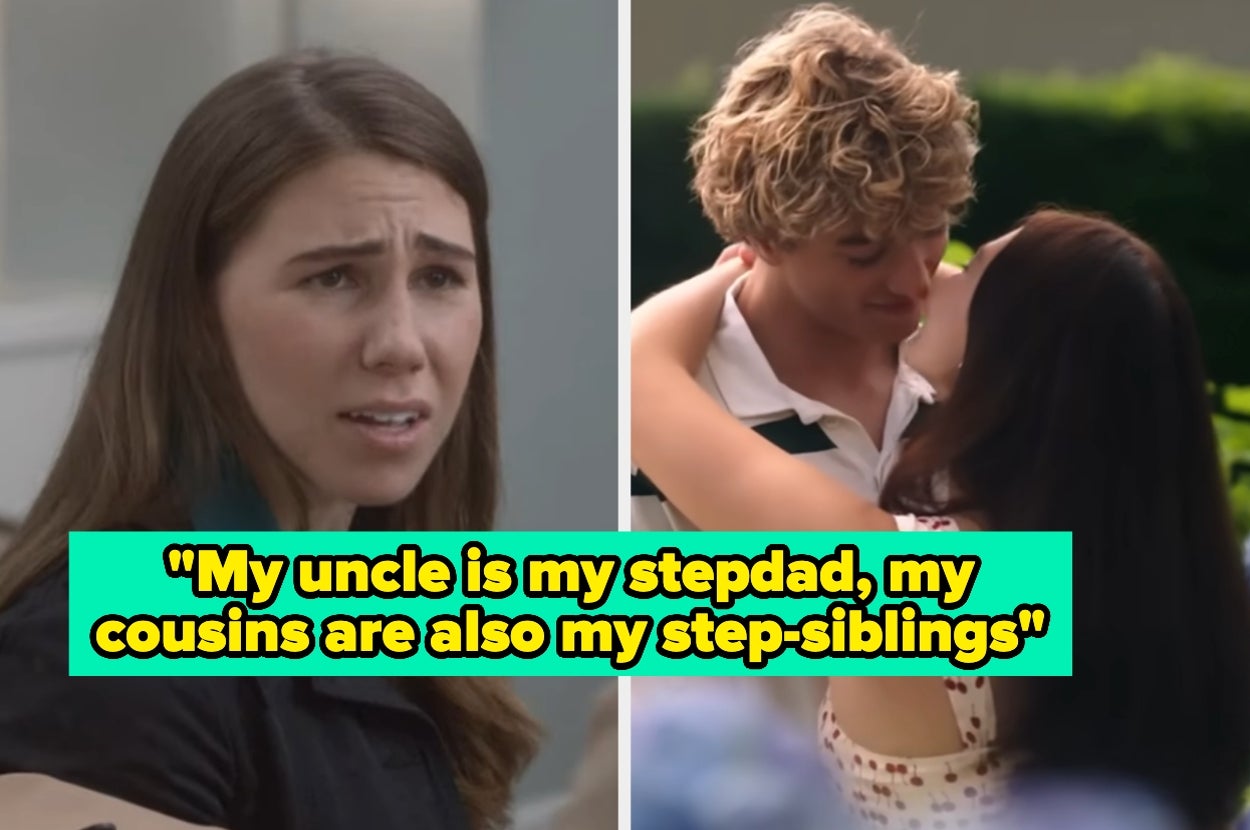 Split image: Left shows a concerned woman; right shows a couple embracing closely, text overlay reads, "My uncle is my stepdad, my cousins are also my step-siblings."