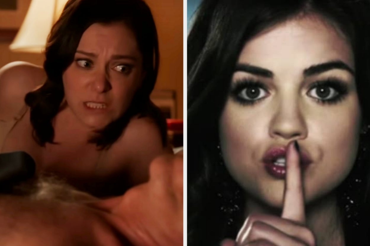 Two TV scenes: left shows a woman looking surprised; right shows a woman with her finger on her lips, signaling silence