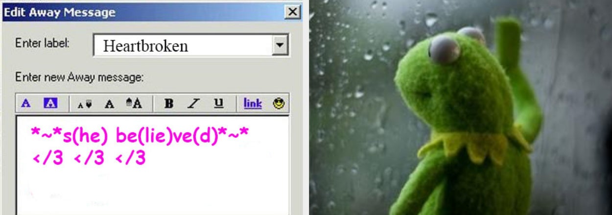 A computer screen showing an instant messenger away message editor with the text: "*~*s(he) be(lie)ve(d)*~* </3 </3 </3." kermit looks out a rainy window