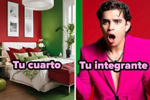 Habitación verde con cama, junto a hombre sorprendido en traje brillante; texto dice "Tu cuarto" y "Tu integrante"
