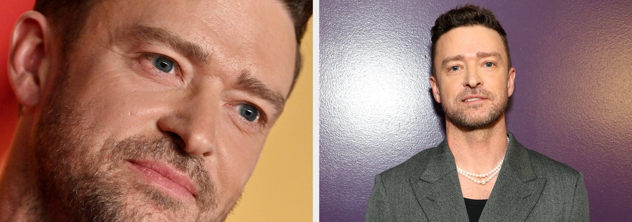 Justin Timberlake in a formal suit vs Justin Timberlake in a suit with a pearl necklace on