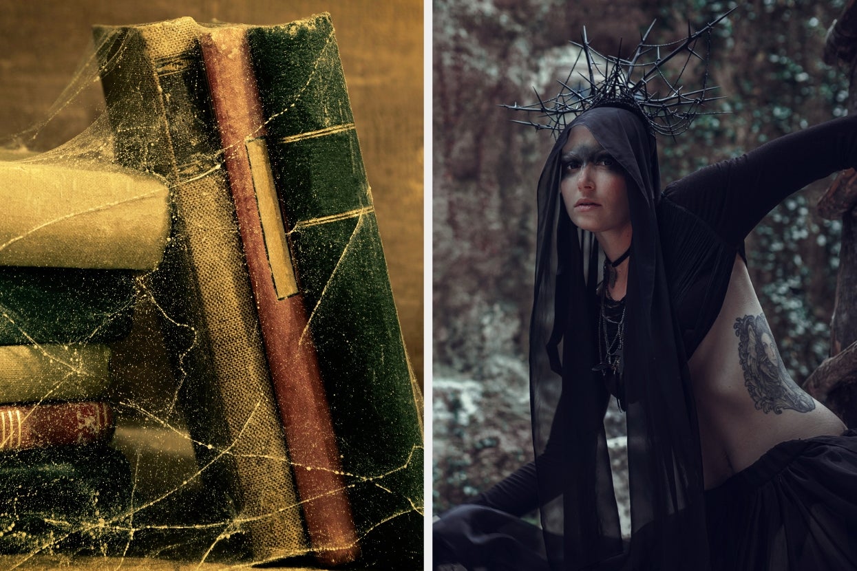 Left: Dusty stack of books with cobwebs. Right: Person in gothic attire with a headpiece and tattoo, outdoors