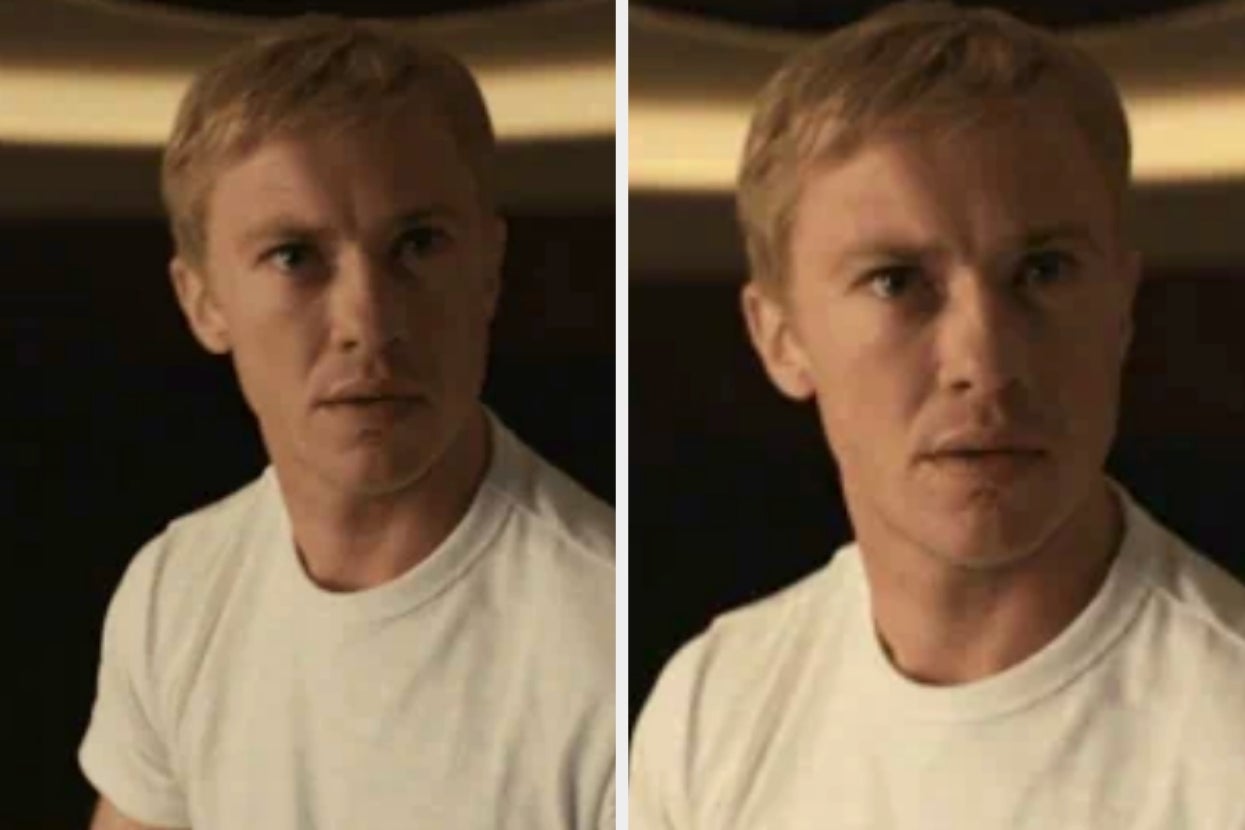 Person in a white shirt looking surprised in two similar side-by-side poses