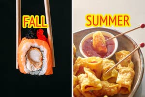 Left: Sushi with chopsticks labeled "Fall." Right: Fried spring rolls with dipping sauce labeled "Summer."