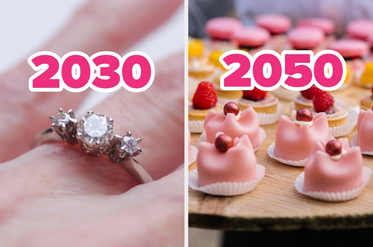 A hand with a ring labeled "2030" and a platter of desserts labeled "2050."