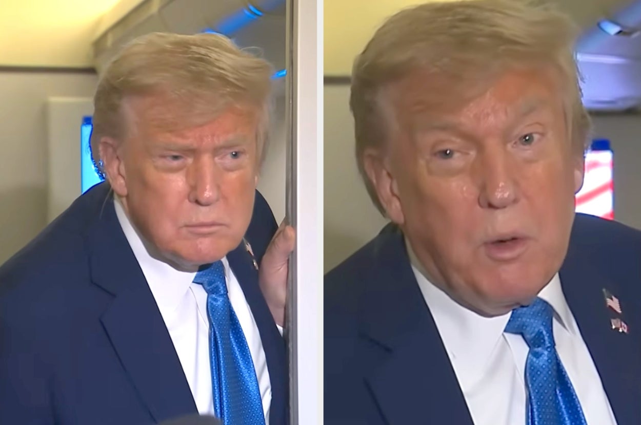 Two images of a Donald Trump in a suit and blue tie speaking to reporters on a plane
