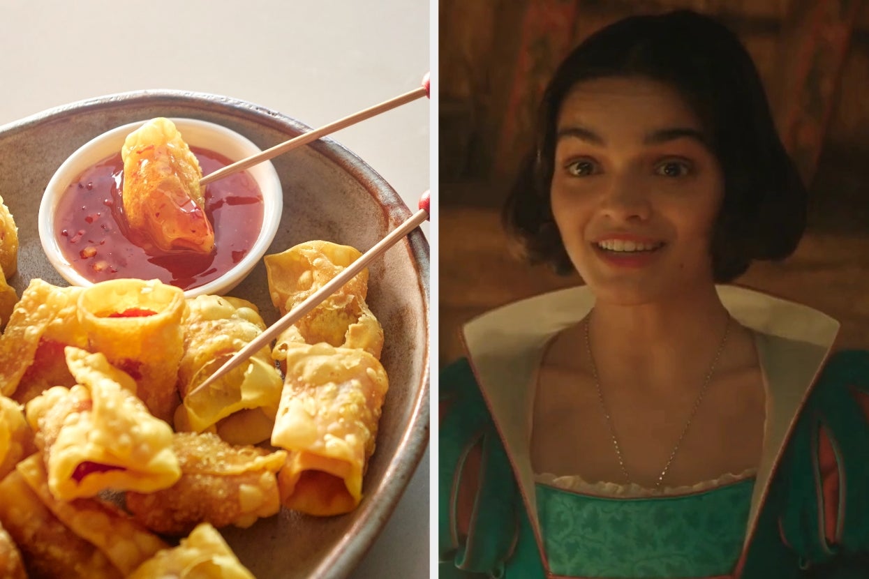 Left: Plate of crispy wontons with dipping sauce. Right: Person in a historical-inspired dress talking energetically