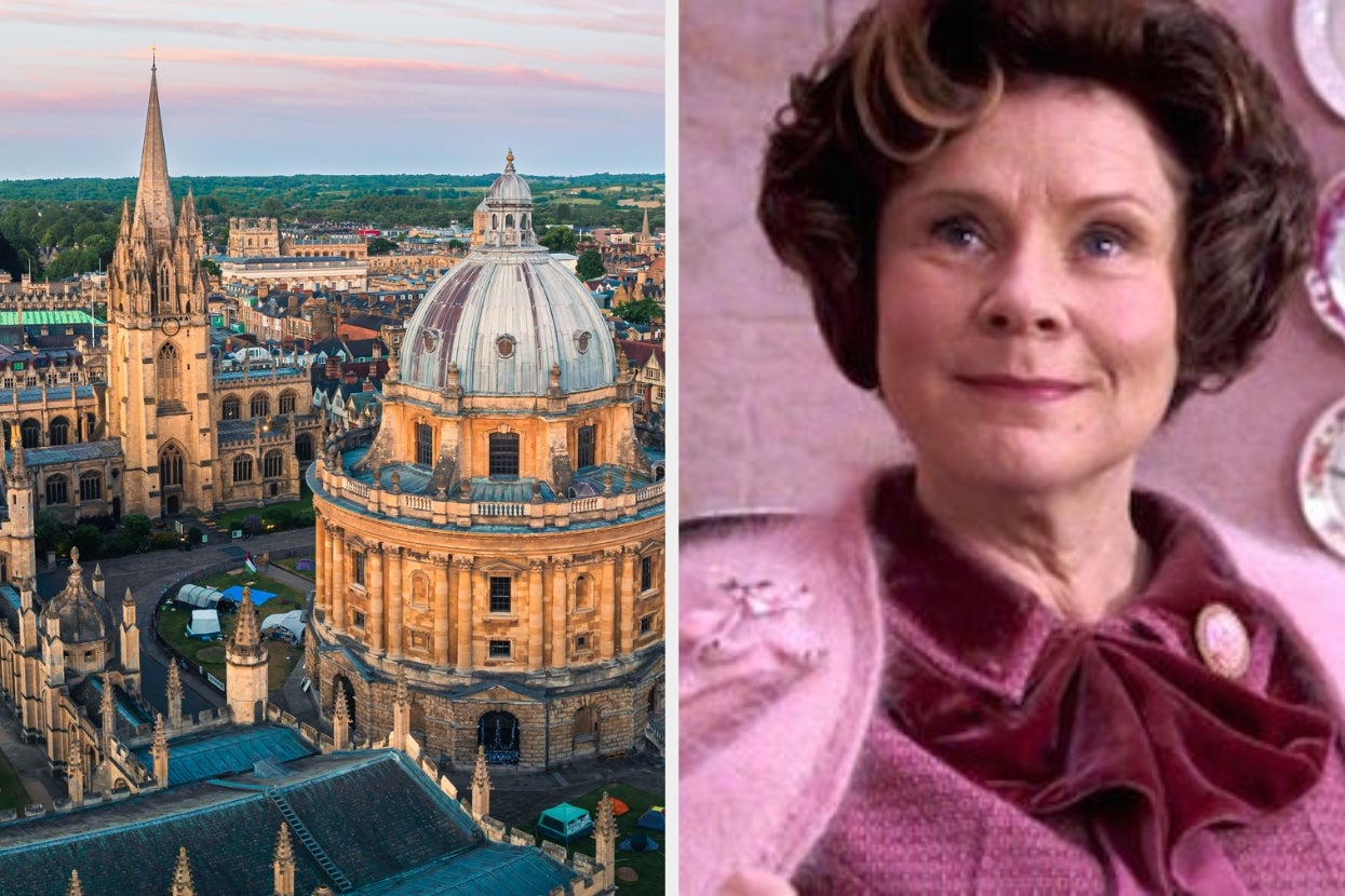 Left: Aerial view of Oxford University buildings, including the Radcliffe Camera. Right: Umbridge from "Harry Potter" wearing a pink high-collared, vintage-style outfit smiles