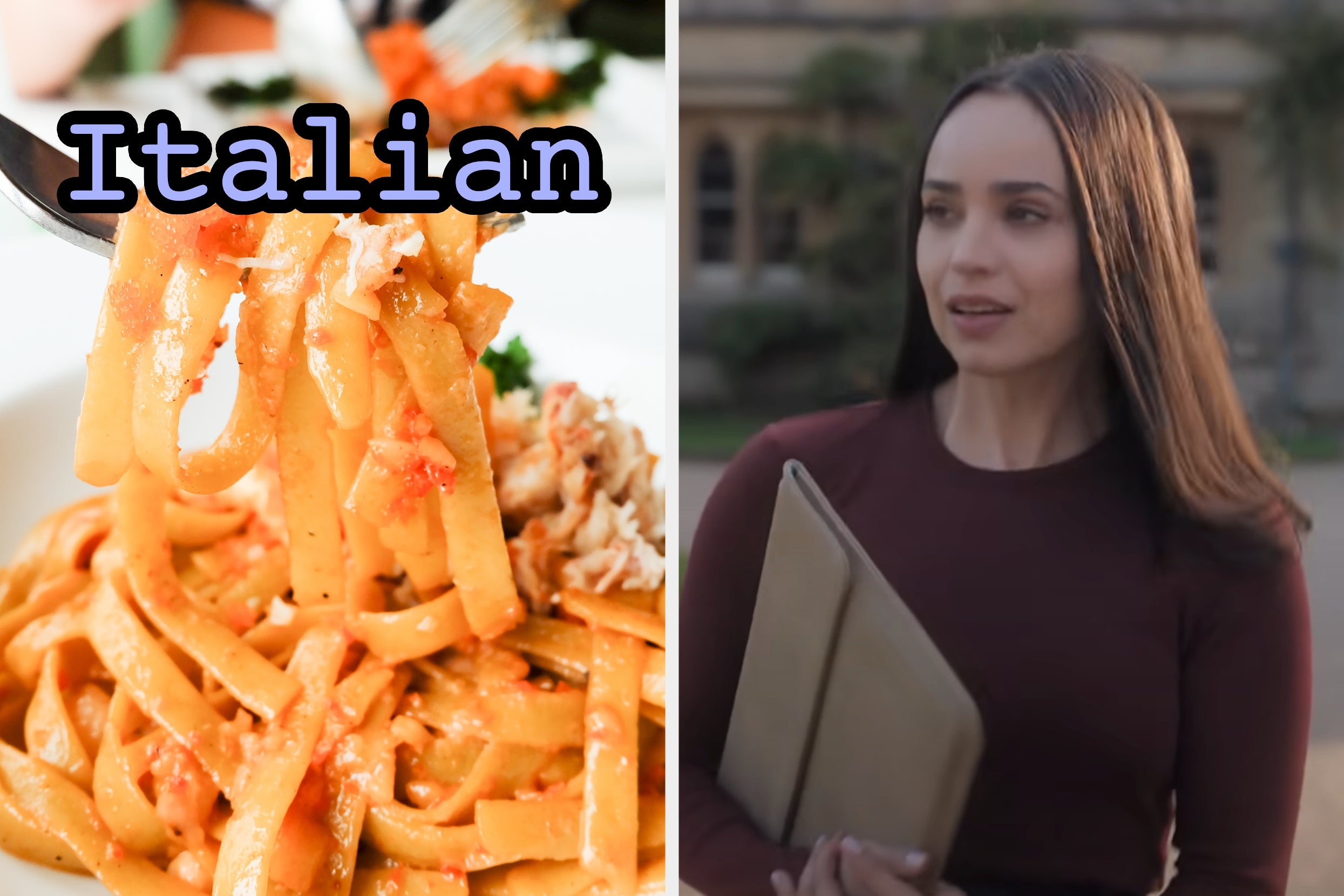 On the left, a pasta dish labeled Italian, and on the right, Sofia Carson walking around a campus as Anna in My Oxford Year