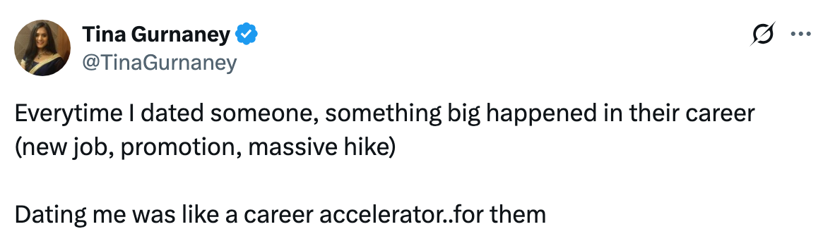 Tweet humorously describes how dating the user seemed to boost their partners&#x27; careers