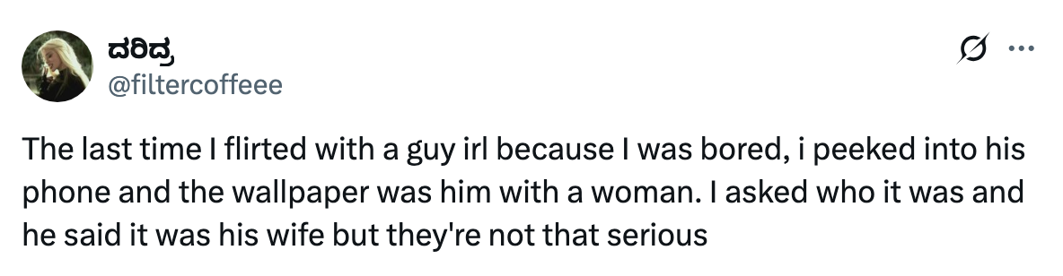 Tweet about flirting, discovering guy&#x27;s phone wallpaper with a woman, revealing it&#x27;s his wife, downplaying seriousness