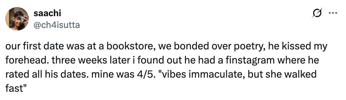 A tweet recounting a bookstore first date, ending with a surprise that the date had rated it 4/5 on a private Instagram